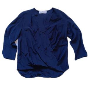 Amanda Uprichard Silk Draped Crossover 3/4 Long Sleeve Navy Wrap Blouse - Small